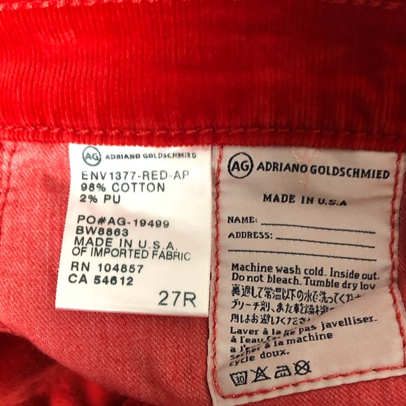 ADRIANO GOLDSCHMIED Stevie Red Corduroy Ankle pants Jeans 27 - Picture 8 of 8